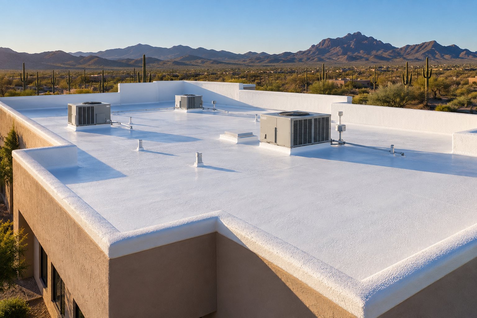 White-coated commercial roof with parapet walls and rooftop units