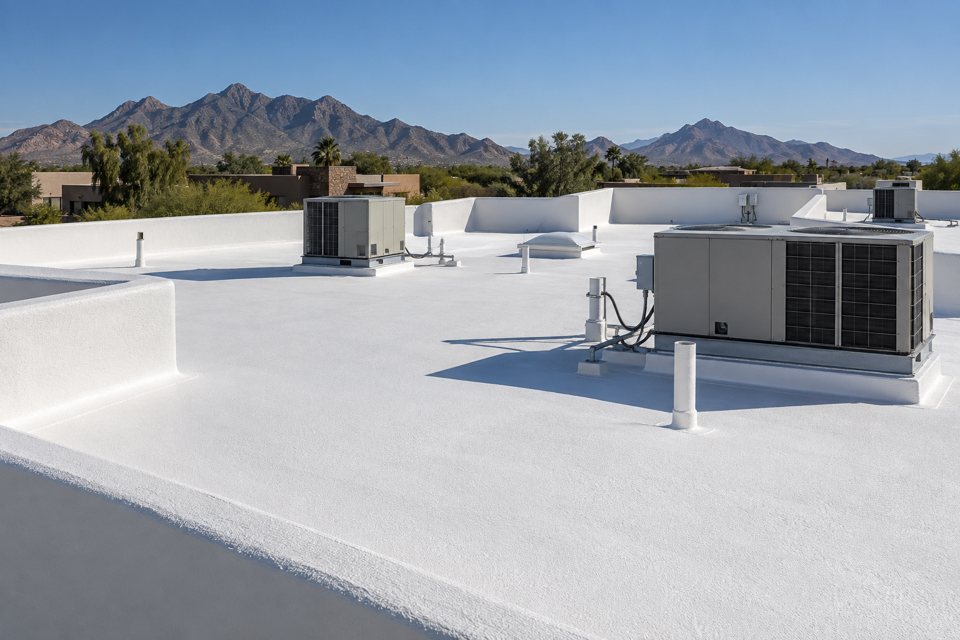White foam commercial roof with parapets and rooftop units