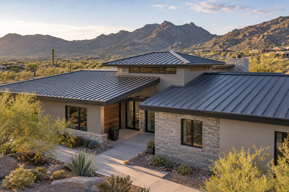 Standing-seam metal roof on a modern desert home
