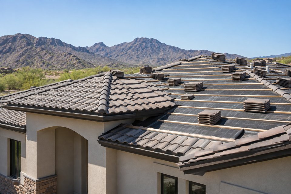 New tile roof being installed on a desert lot