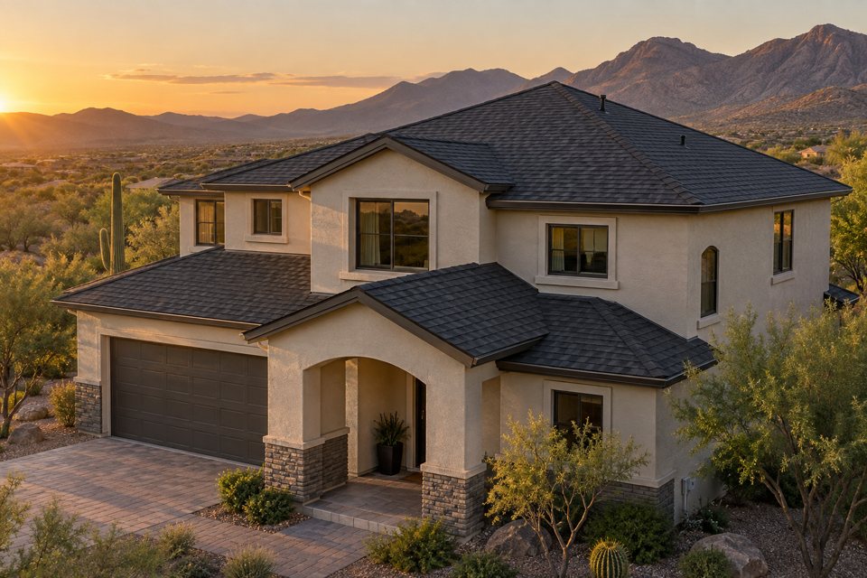 Charcoal architectural shingle roof on a two-story desert home