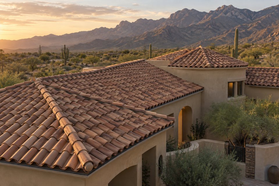 Clay tile estate with saguaros and foothills