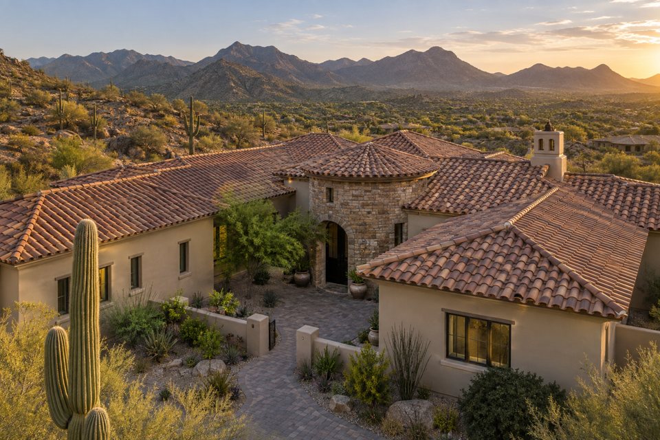 Clay tile roofs at golden hour with mountains behind