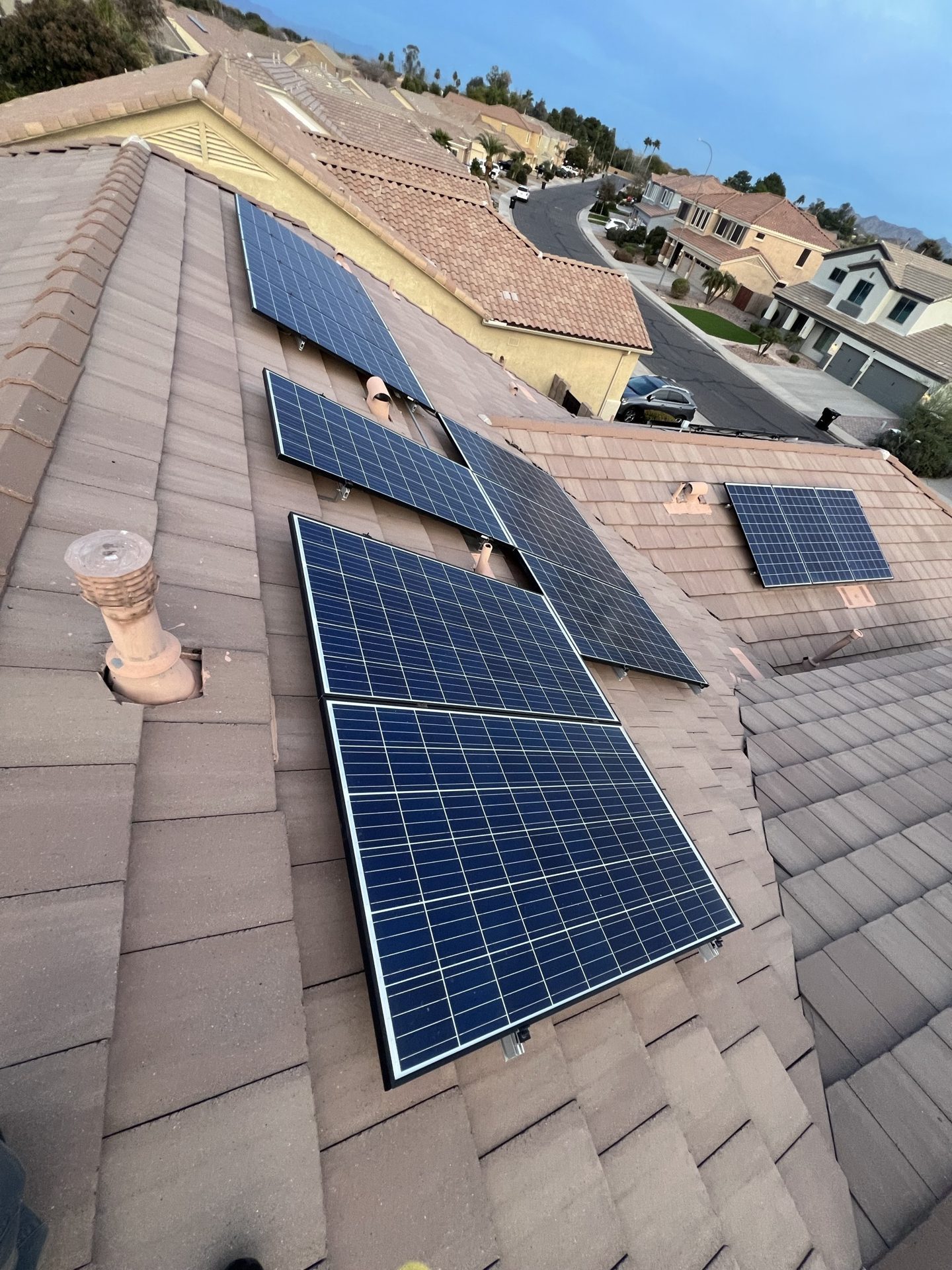 Concrete tile roof with solar, from above