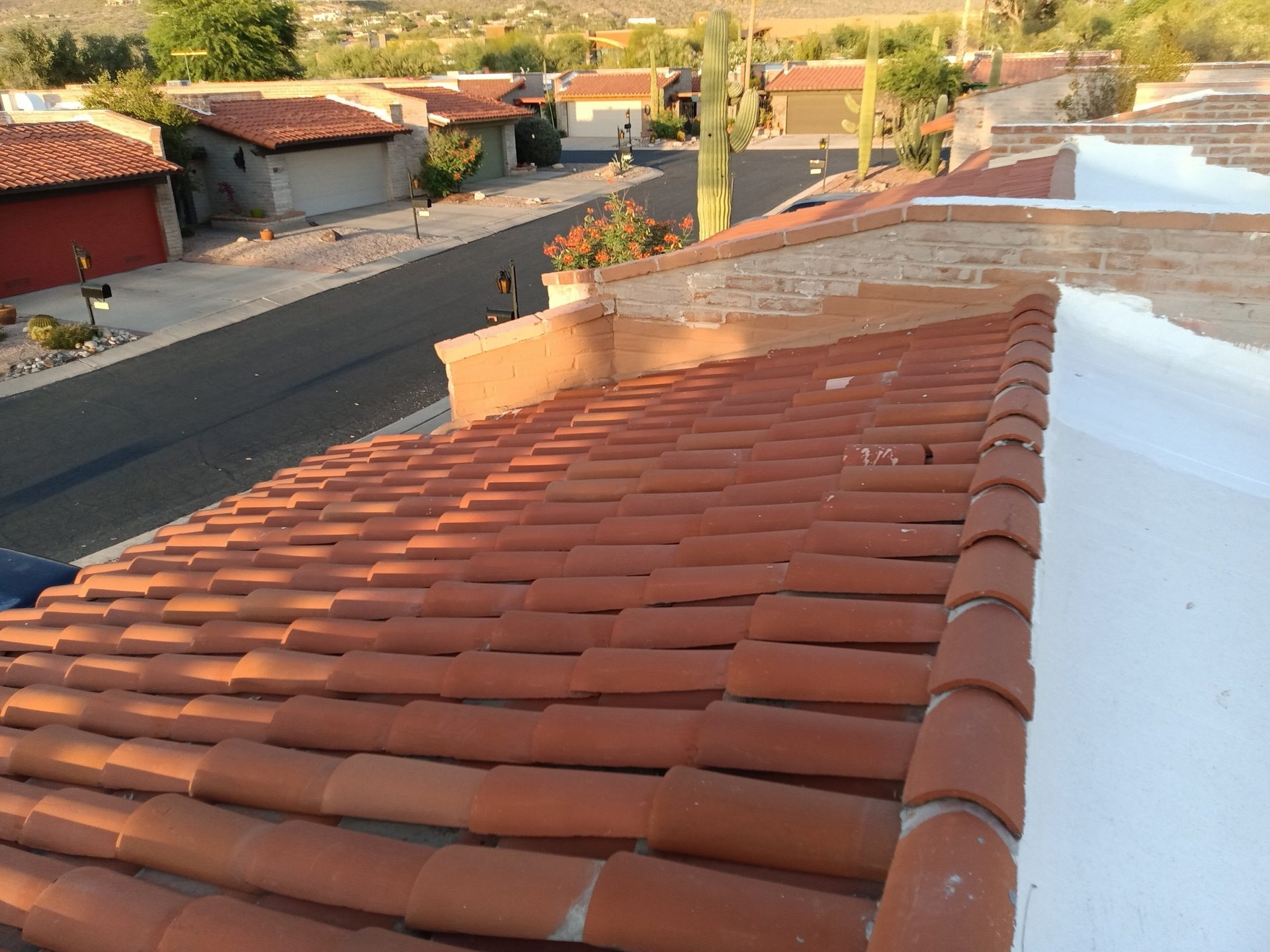 Terracotta tile ridge with a desert neighborhood beyond