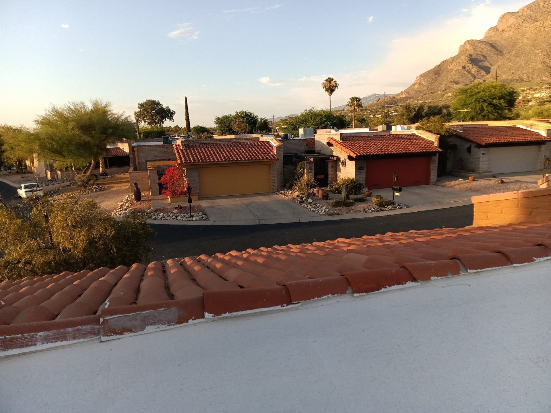 Golden hour over terracotta tile roofs with the Catalina foothills
