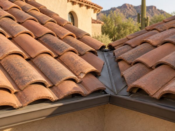 Close view of a clay tile roof valley and flashing in afternoon light