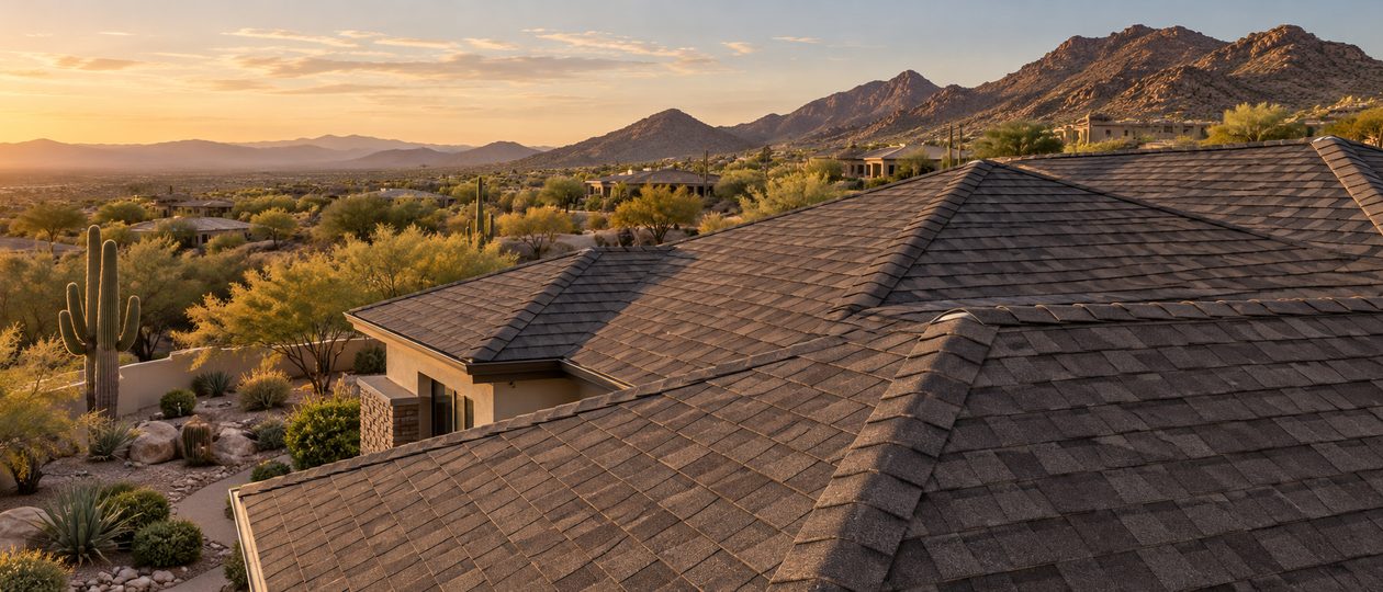 Aerial view of a dimensional shingle roof at golden hour in the Arizona desert