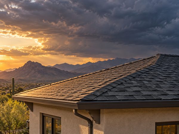 Arizona roofline beneath distant monsoon clouds and warm evening light