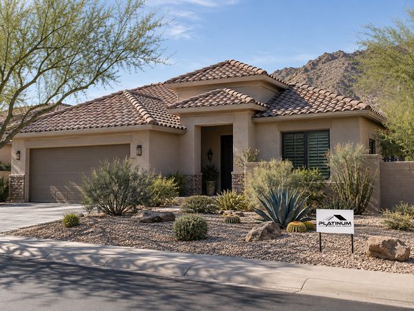 Street view of a tiled Scottsdale stucco roof with a small Platinum Roofing yard sign.